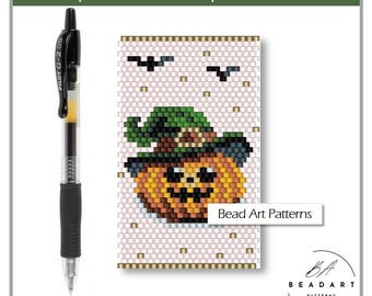 Halloween Pumpkin with Hat Wrap pen Pilot G2 cover peyote PDF pattern for miyuki delica 11/0 seed beads #634