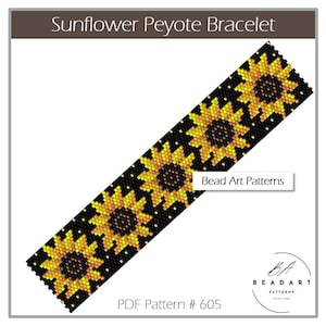 May include: A beaded bracelet pattern featuring a sunflower design. The pattern is black, yellow, and orange. The pattern is called "Sunflower Peyote Bracelet" and is PDF pattern #605. Bead Art Patterns.