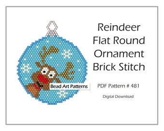 Reindeer Christmas Flat Round Ornament beaded brick stitch PDF pattern for miyuki delica seed beads #481