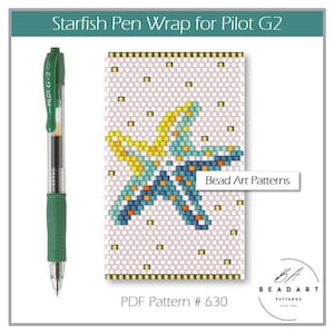 May include: A green Pilot G-2 05 pen beside a beaded pen wrap. The pen wrap has a colourful starfish design in yellow, blue, and orange beads on a white background. The text "Starfish Pen Wrap for Pilot G2" is at the top.