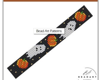 Beaded Halloween Ghost Pumpkin loom bracelet PDF pattern for miyuki delica 11/0 seed beads #004