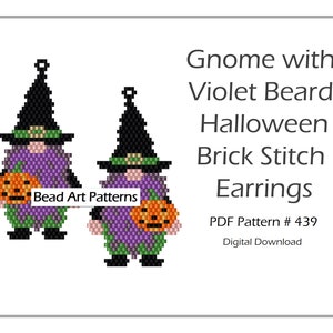 Halloween Gnome With Violet Beard Brick Stitch Earrings PDF pattern for miyuki delica 11/0 seed beads #439