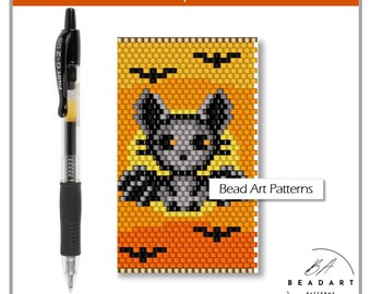 Halloween Bat with Hat Wrap pen Pilot G2 cover peyote PDF pattern for miyuki delica 11/0 seed beads #632