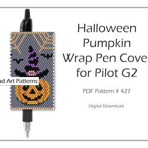 Könnte beinhalten: Ein druckbares PDF-Muster für eine Halloween-Kürbis-Stiftummantelung für einen Pilot G2 Stift. Das Muster zeigt einen Kürbis mit einem Hexenhut und Fledermäusen. Das Muster ist zum digitalen Download. PDF-Muster Nr. 427.