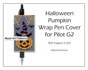 Halloween Pumpkin with Hat Wrap pen Pilot G2 cover peyote PDF pattern for miyuki delica 11/0 seed beads #427