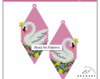 Swan with flowers pink earrings brick stitch PDF pattern for miyuki delica 11/0 seed beads #395