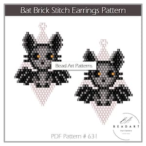 May include: A digital PDF pattern for bat-shaped earrings. The earrings are black and gray, with orange eyes, and are made using the brick stitch technique. The pattern includes the text "Bat Brick Stitch Earrings Pattern" and "PDF Pattern # 631".