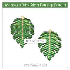 Monstera leaf pendant earrings Brick stitch PDF pattern for miyuki delica 11/0 seed beads #653