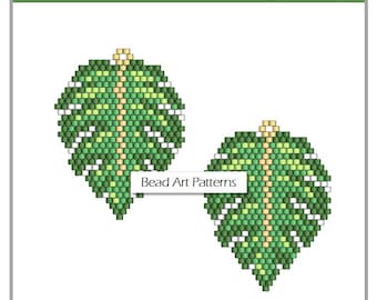 Monstera leaf pendant earrings Brick stitch PDF pattern for miyuki delica 11/0 seed beads #653