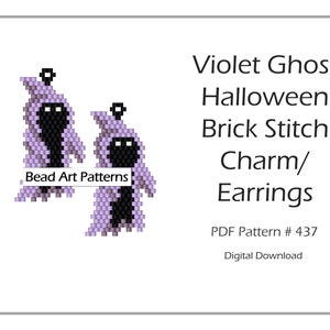 Könnte beinhalten: Ein Muster zum Herstellen eines Paares violetter Geisterohrringe oder Charms mit der Brick Stitch-Perlenwebtechnik. Das Muster ist ein digitaler Download und als PDF verfügbar.