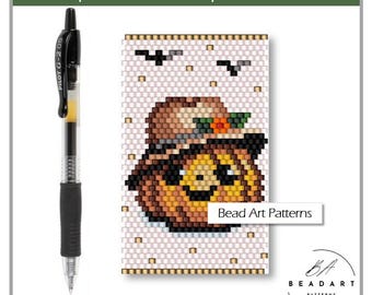 Halloween Pumpkin with Hat Wrap pen Pilot G2 cover peyote PDF pattern for miyuki delica 11/0 seed beads #636