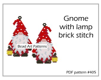 Gnome with lamp earrings brooch pendant decor brick stitch PDF pattern for miyuki delica 11/0 seed beads #405