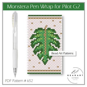 May include: A white Pilot G2 pen next to a rectangular beadwork pattern featuring a green monstera leaf design on a white background with gold accents. The text reads Monstera Pen Wrap for Pilot G2, Bead Art Patterns, and PDF Pattern # 652.