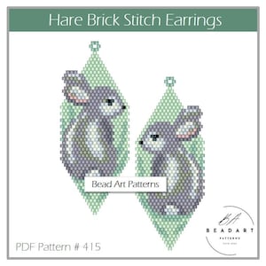May include: A pair of beaded earrings featuring a hare design in shades of gray, white, and green. The earrings are made using the brick stitch technique and are shaped like teardrops. The earrings are labeled "Hare Brick Stitch Earrings" and "Bead Art Patterns" with the pattern number "415".