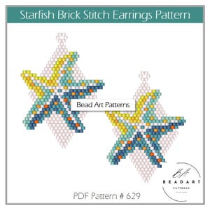 May include: A digital PDF pattern for Starfish Brick Stitch Earrings. The earrings are designed with yellow, teal, blue, and orange beads. The pattern includes the text "Starfish Brick Stitch Earrings Pattern" and "Bead Art Patterns".