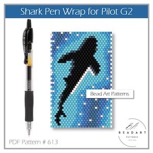 May include: A black Pilot G-2 pen beside a beaded shark pattern in blue hues. The pattern is a pen wrap. The text "Shark Pen Wrap for Pilot G2" is at the top. The text "Bead Art Patterns" is also visible.