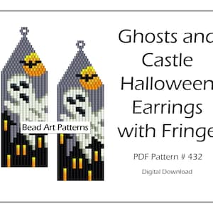 May include: A digital download pattern for beaded Halloween earrings with a ghost and castle design. The earrings feature a gray castle, white ghosts, orange pumpkins, and black bats. The pattern is for bead art and includes fringe.