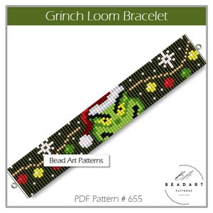 May include: A rectangular loom bracelet pattern titled Grinch Loom Bracelet, featuring a pixelated green character wearing a red and white hat against a dark background with colorful holiday lights and white snowflakes. Includes Bead Art Patterns text.