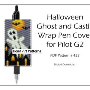 Halloween Ghost and Castle Wrap pen Pilot G2 cover peyote PDF pattern for miyuki delica 11/0 seed beads #433