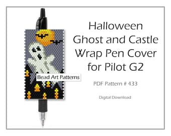 Halloween Ghost and Castle Wrap pen Pilot G2 cover peyote PDF pattern for miyuki delica 11/0 seed beads #433