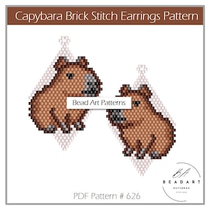 May include: A digital PDF pattern for Capybara Brick Stitch Earrings. The earrings feature a brown capybara design with a diamond-shaped background. The text "Capybara Brick Stitch Earrings Pattern" is at the top. The pattern is from Bead Art Patterns.