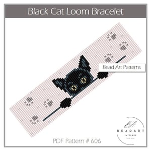 May include: Black cat loom bracelet bead art pattern, PDF pattern # 606.  The pattern shows a black cat with yellow eyes and a white background.