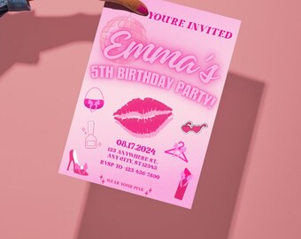 Editable Barbie Birthday Invitation: Pink Glam Party, Pink Disco, Canva Template (Digital Download)