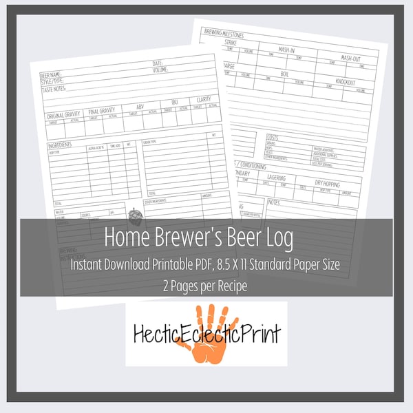 Homebrew Beer Recipe Logbook Printable PDF 8.5 X 11 inch standard printer paper size