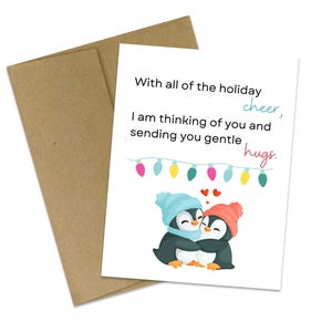 Carte de voeux câlins pour la joie des Fêtes | Carte de Noël | Vacances | Je pense à vous | doux câlins | Ambiance des Fêtes | pingouins des fêtes | amour