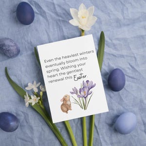 Ik wens je hart de zachtste vernieuwing van deze paaswenskaart | Voorjaarsvernieuwing | Bloeiend tot in de lente | Paaskaart | Konijntje | Sympathie