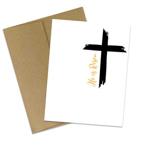 Hij heeft een verrezen Paaskaart met een kruis en goudschrift, Happy Easter-wenskaart, Minnaar van Jezus geloof in opstanding, religieuze kaart