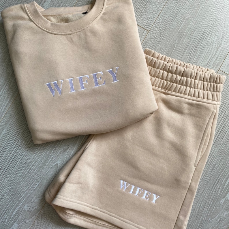 Wifey jumper and shorts outfit bride airport outfit wifey shorts bride shorts sweatshirt and shorts set engagement gift present hen party image 1