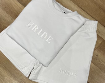 Bride jumper and shorts outfit bride airport outfit wifey bride sweatshirt and shorts engagement gift present hen party honeymoon minimalist