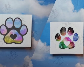 Rainbow Bridge Paw; customizable; heart; clouds & galaxy; stickers; available in clear, vinyl, and thick paper varieties