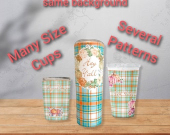 12oz or 20oz : "Hey Y'all" Autumn plaid stainless steel travel cup/mug/thermos/tumbler with pumpkins, fall flowers, & critters