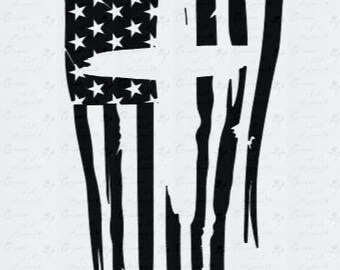 Distressed American flag & cross comes in 4 different sizes black with clear background
