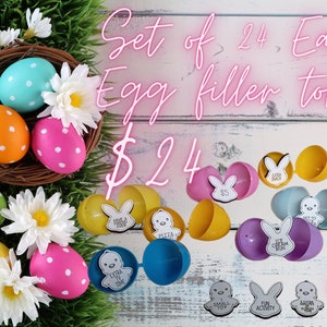 May include: Set of 24 Easter egg filler tokens with various designs, including bunnies, chicks, and ice cream cones. The tokens are in plastic eggs on a white wooden background. The text "Set of 24 Easter Egg filler tokens" and "£24" are written in pink.
