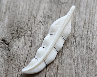 Hand Carved Bone Feather Pendant - Side Drilled Boho Jewelry Component - Banana Leaf Charm