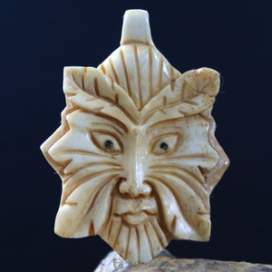 Green Man Pendant Carved Bone Cabochon Side Drilled DIY Leather Necklace