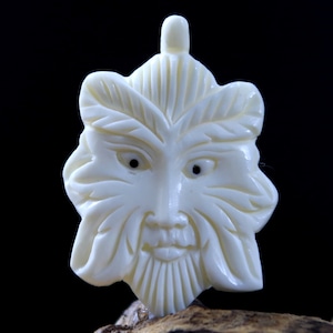Green Man Pendant Carved Bone Cabochon Side Drilled Organic Jewelry Supply