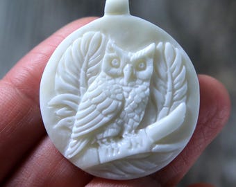 Owl Pendant Water Buffalo Bone Carving, Side Drilled Bird Charm DIY Necklace