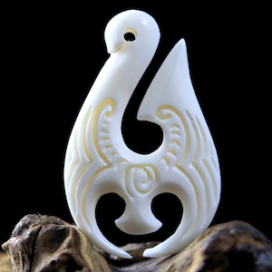 Hand Carved Bone Pendant Fish Hook Māori Style Necklace, DIY Men Jewelry Organic Beads