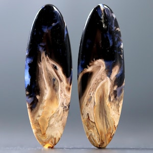 May include: Two oval-shaped agate cabochons with a swirling pattern of black, white, and blue. The cabochons are polished and have a smooth, glossy finish.