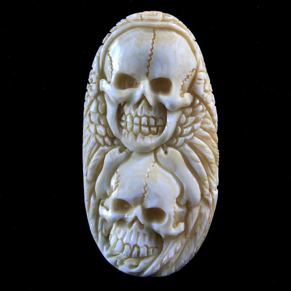 Hand Carved Bone Skull Cabochon Bead Embroidery Centerpiece Antique Look