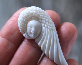 Goddess and Eagle Cabochon Hand Carved Bone Spirit Animal Bead Embroidery Supply