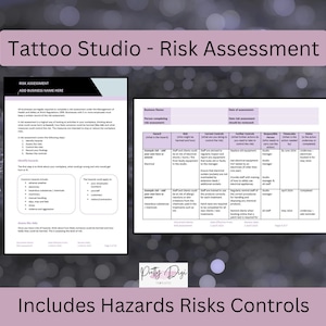 Plantilla de evaluación de riesgos para estudios de tatuajes: Seguridad y cumplimiento de licencias (Documento de Word, descarga digital)