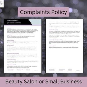 May include: A two-page document titled "Complaints Policy" with the text "Add Business Name Here" at the top. The document is designed for a beauty salon or small business. The top of the image has the text "Complaints Policy".