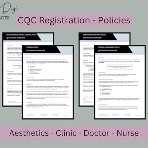 May include: A set of digital document templates titled CQC Registration - Policies, featuring sections for Infection Prevention, Staffing, Medicine Management, and Clinical Governance. The pages include placeholders for business names and text.