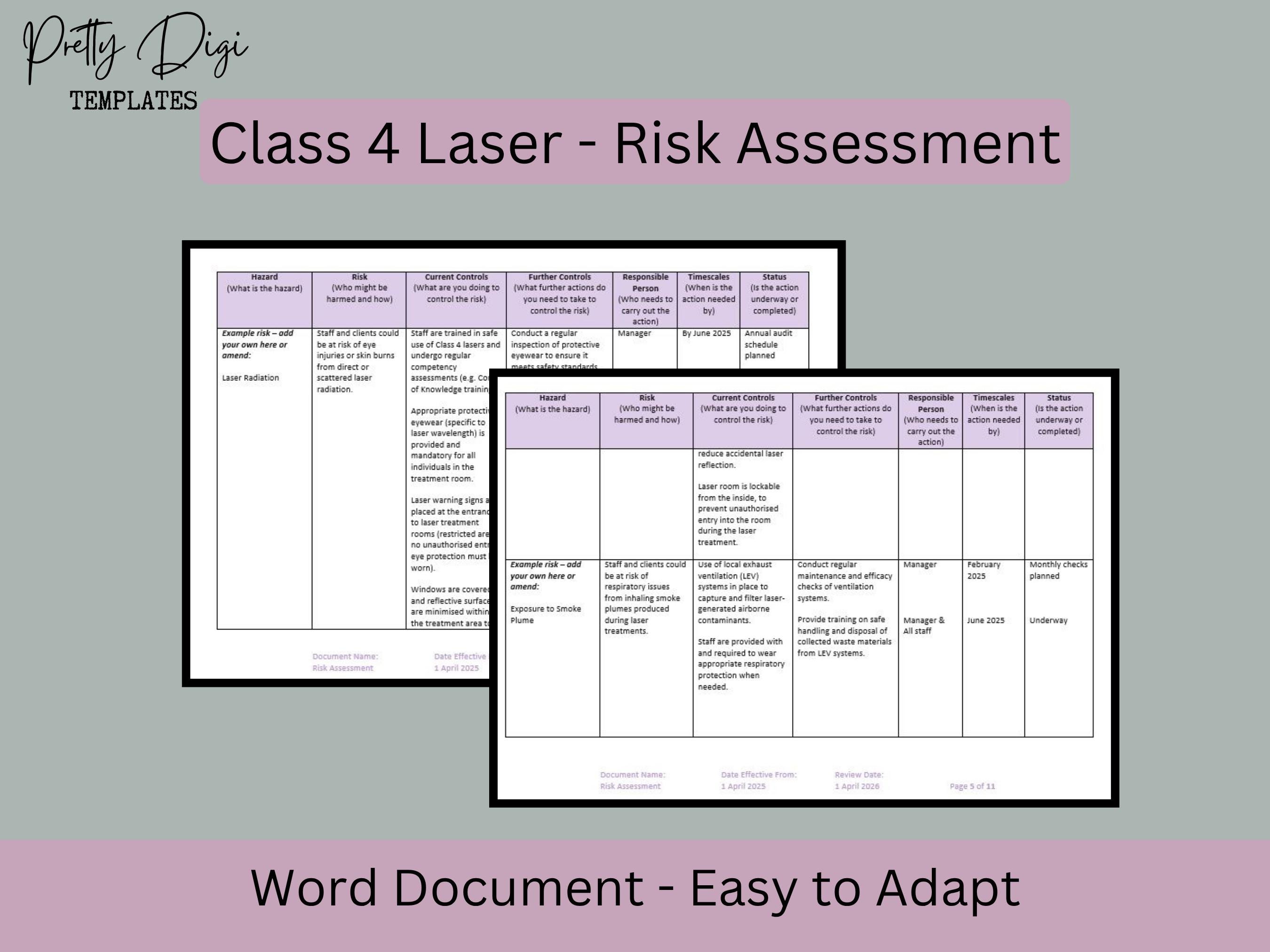 Class 4 Laser Risk Assessment Template: Laser Clinic Safety (word ...