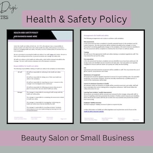 May include: A digital template for a Health & Safety Policy, suitable for a beauty salon or small business. The document is displayed on a light grey background with the text "Health & Safety Policy" in a pink banner.